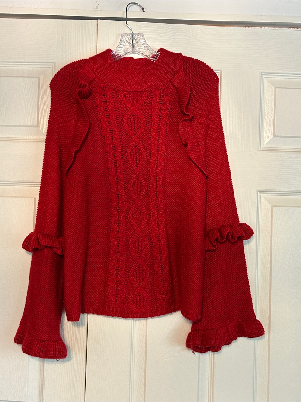 BB Dakota Red Cable-Knit Ruffle Sweater